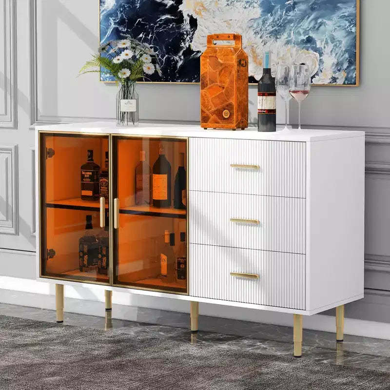 Modern Sideboard, Buffet Storage Cabinet with Amber-yellow Tempered Glass Doors and Gold Metal Legs & Handles-ModernLuxe