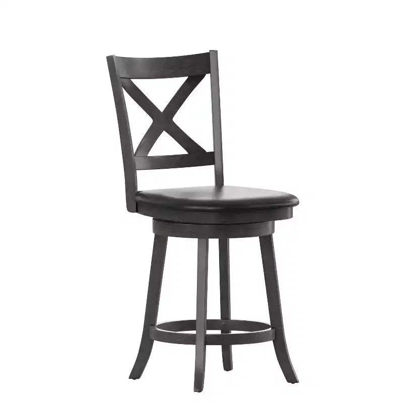 Merrick Lane 24 Classic Wooden Crossback Swivel Counter Height Pub Stool with Upholstered Padded Seat and Integrated Footrest