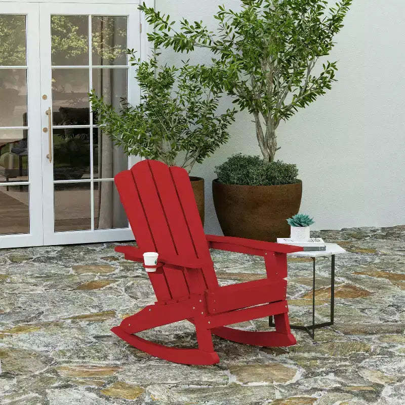 Merrick Lane Adirondack Rocking Chair with Cup Holder, All-Weather HDPE Indoor/Outdoor Chair