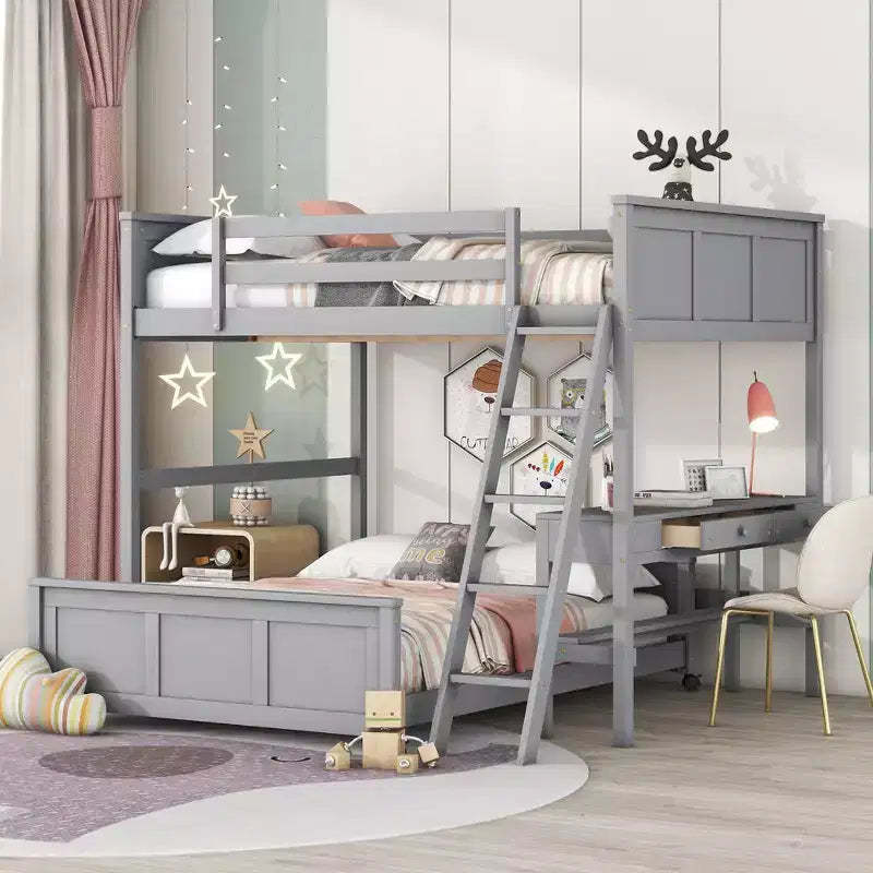 Full Over Full/ Twin Over Full Wood Bunk Bed with Desk and Ladder-ModernLuxe