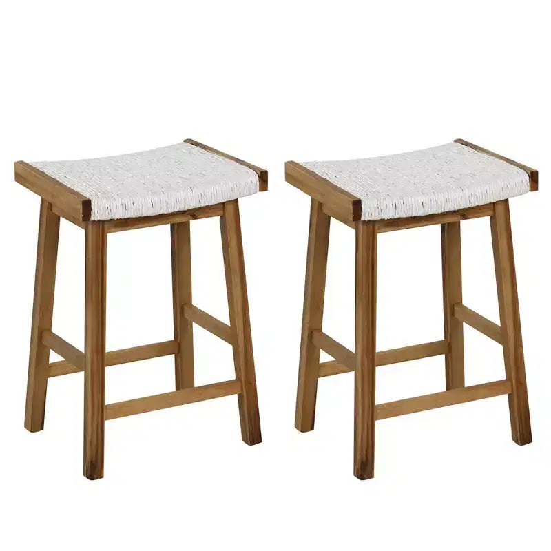 Costway 25.5'' Dining Saddle Stool Set of 2 Counter Height Seaweed Woven Seat Solid Wood