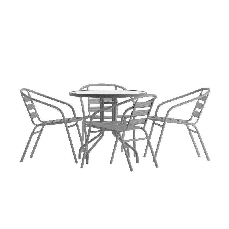 Flash Furniture Lila 31.5'' Round Glass Metal Table with 4 Metal Aluminum Slat Stack Chairs