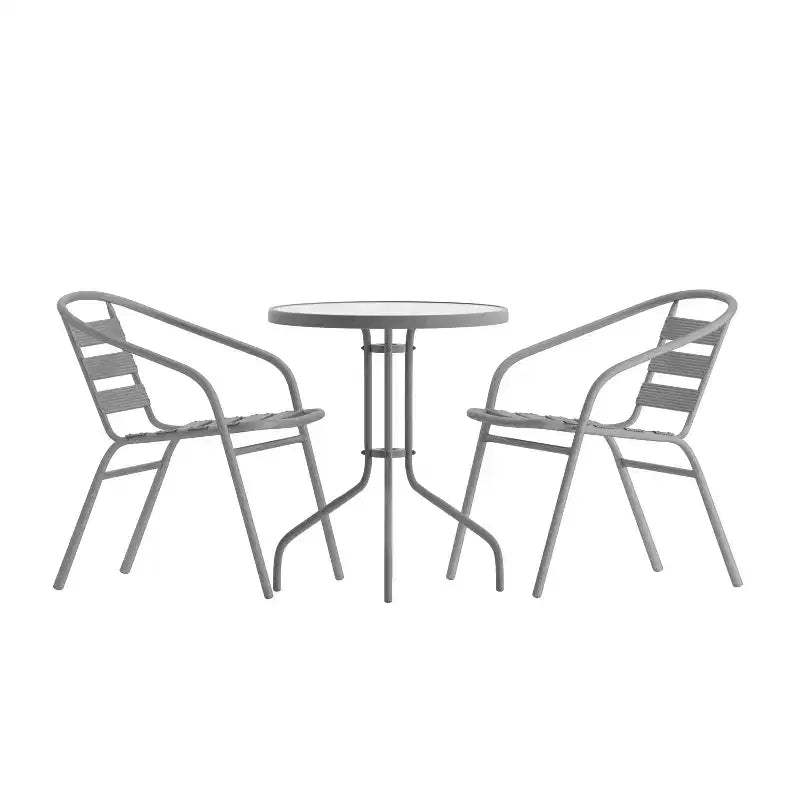 Emma and Oliver 23.75'' Round Glass Top Metal Table with 2 Aluminum Slat Stack Chairs