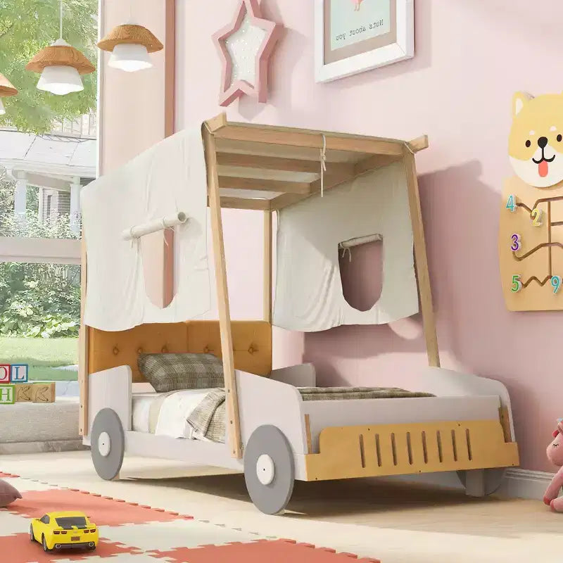 Wooden Car Bed with Pillows, Ceiling Cloth, Natural - ModernLuxe