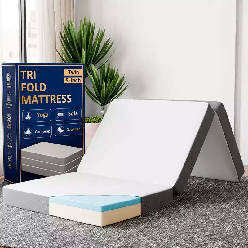 Continental Sleep 5 Portable Tri Folding Gel Memory Foam Mattress | Breathable Mesh Sides with Ultra Soft, Removable and Washable Cover,