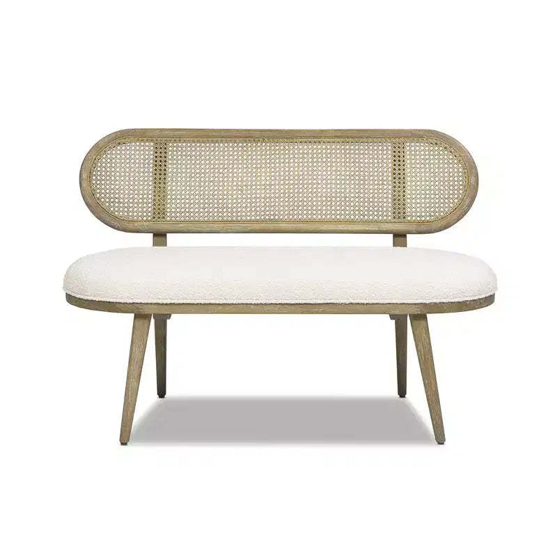 Havana 42 Cane Rattan Upholstered Bench Settee, Ivory White Boucle