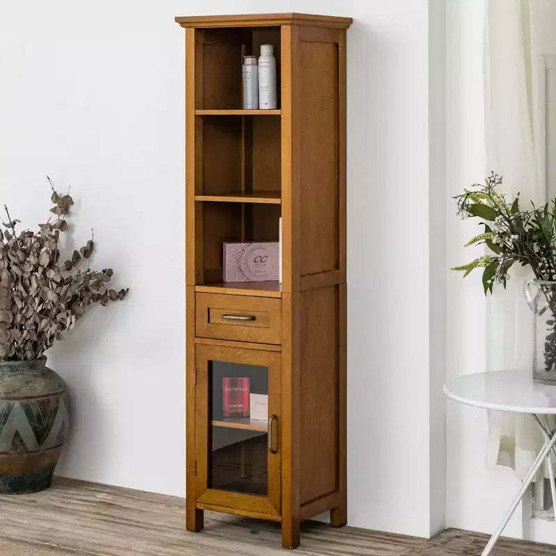 Teamson Home Avery Freestanding Linen Cabinet with Glass Doors, Drawer & Shelves