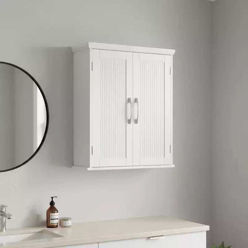 Teamson Home Newport Wall Mounted Storage Cabinet with 2 Doors, Adjustable Shelf and Brushed Nickel Handles, White