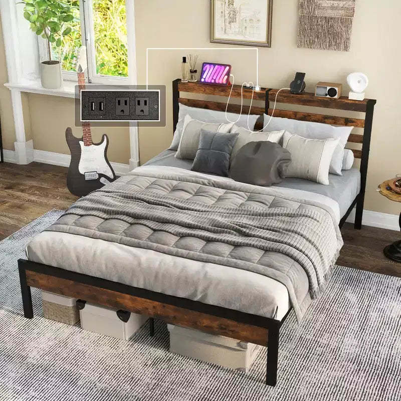 Costway Full Industrial Metal Platform Bed Frame Charging Station Mattress Foundation
