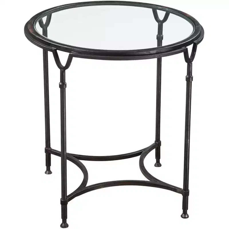 Uttermost Modern Steel Round Accent Side End Table 24 1/2 Wide Aged Black Clear Glass Tabletop for Living Room Bedroom Entryway
