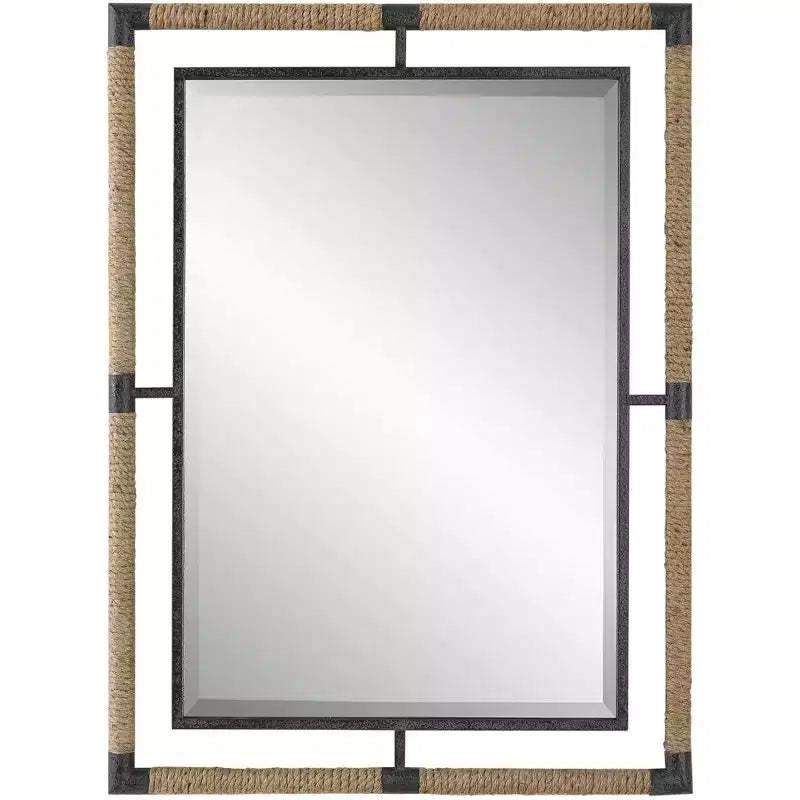 Uttermost Rectangular Vanity Decorative Wall Mirror Modern Beveled Rust Black Natural Rope Forged Iron Frame 28 Wide for Bathroom