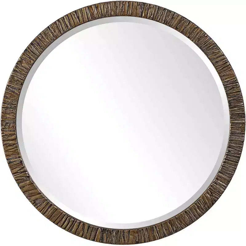 Uttermost Round Vanity Accent Wall Mirror Rustic Beveled Antiqued Metallic Gold Leaf Wood Frame 30 Wide for Bathroom Bedroom