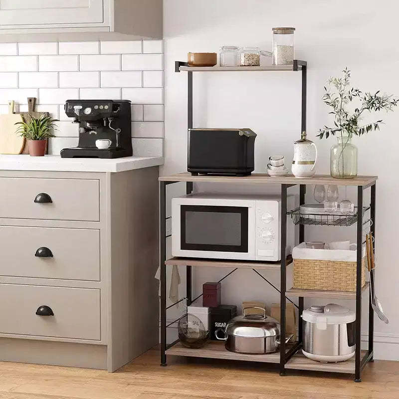 VASAGLE Baker's Rack Microwave Stand Kitchen Storage Rack with Wire Basket 6 Hooks & Shelves for Spices Pots & Pans