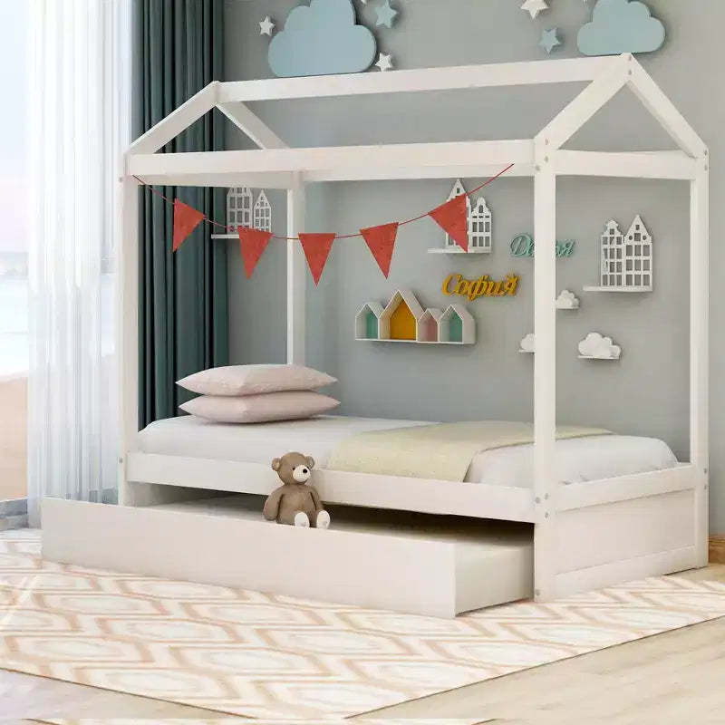 House Shape Platform Bed with Trundle, White - ModernLuxe