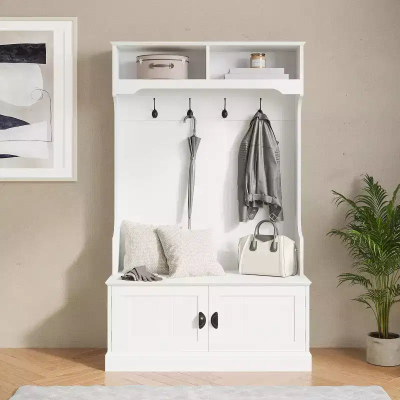 Flash Furniture Fraser Hall Tree with Double Door Storage Bench, Coat Rack with 4 Double Hooks, and 2 Upper Storage Cubbies