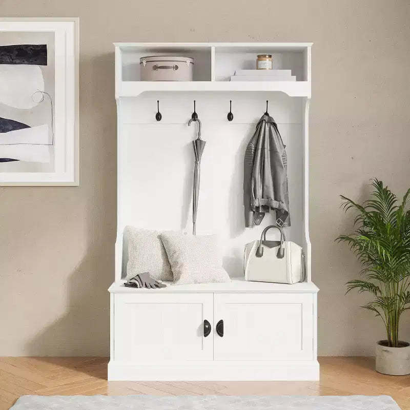 Flash Furniture Fraser Hall Tree with Double Door Storage Bench, Coat Rack with 4 Double Hooks, and 2 Upper Storage Cubbies