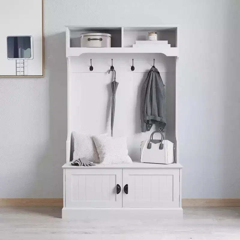 Merrick Lane Hallway Tree with Bench Seating, 4 Double Coat Hooks, Upper Storage and Double Door Under Bench Storage