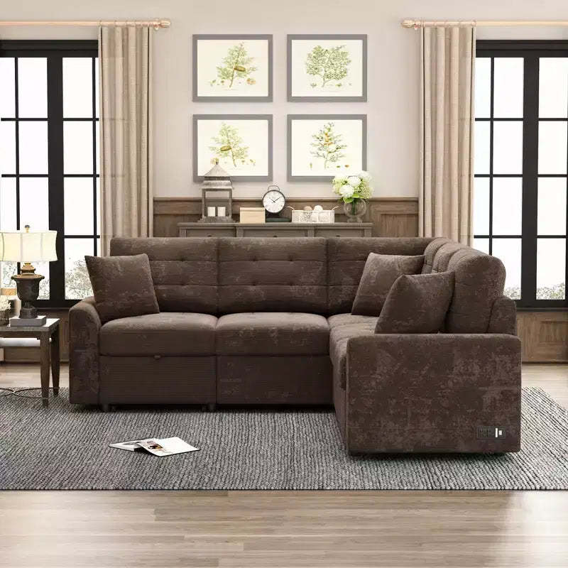 82.6W L-Shape Sofa Bed with Wheels, Pull-out Sleeper Sofa with USB Ports and Power Sockets - ModernLuxe