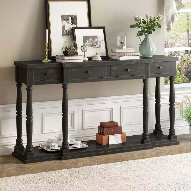 Retro Premium Console Table with 4 Front Storage Drawers and 1 Shelf for Hallway, Living Room - ModernLuxe