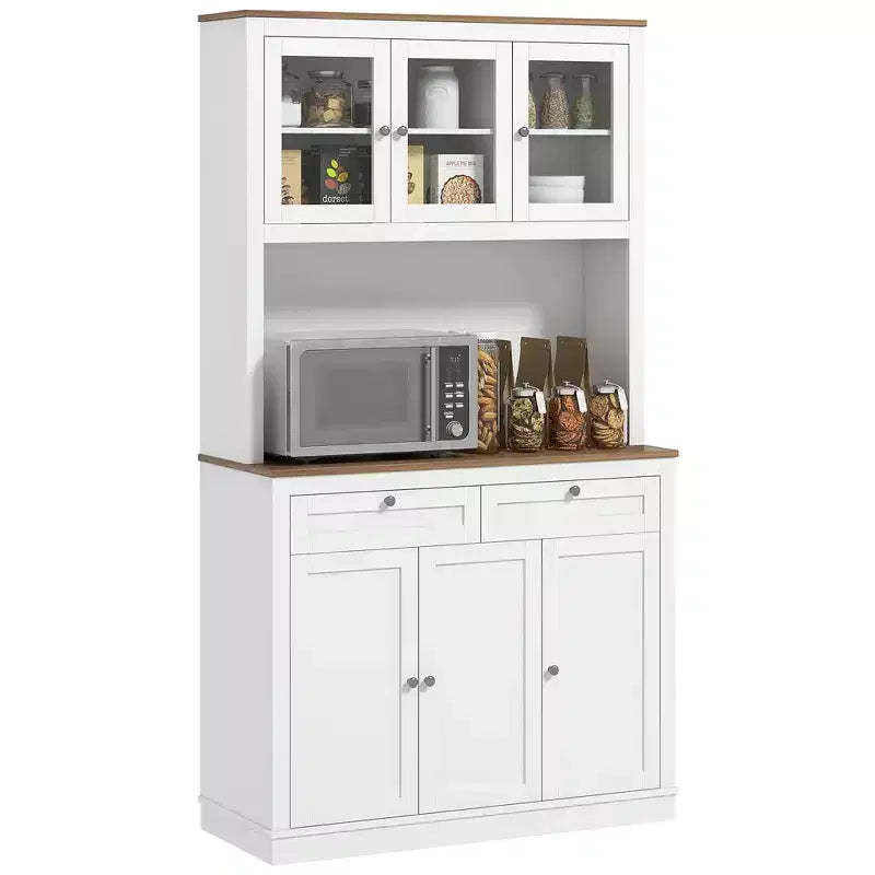 HOMCOM 71 Tall Kitchen Pantry Storage Cabinet with 2 Drawers, Microwave Cabinet with Adjustable Shelves and Glass Doors, White