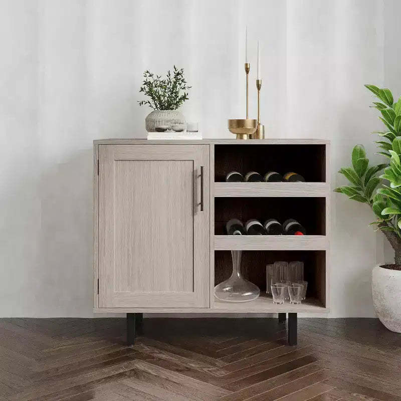 Emma and Oliver Classic Bar and Sideboard with Shaker Style Single Door Cabinet with Hanging Glass Storage and Open Bottle Shelves