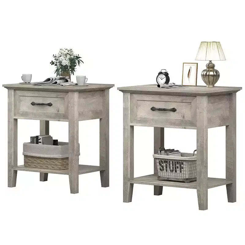 Garvee Nightstands Set of 2, Industrial Side/End Tables with Drawer and Storage Shelf, Night Stands for Bedroom, Living Room, 2 Pack, Grey