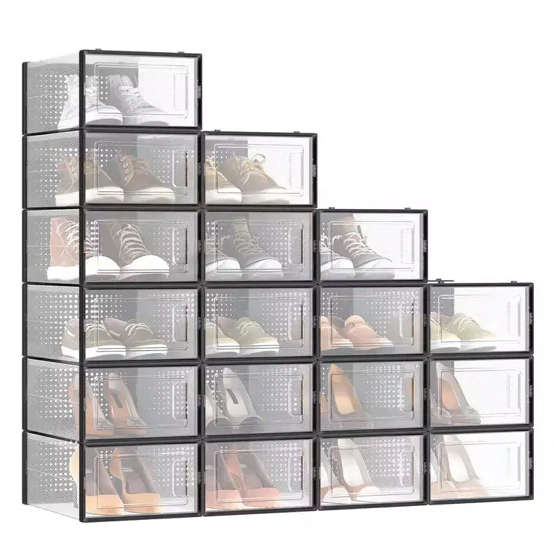 SONGMICS Shoe Boxes - Set of 18 Stackable and Foldable Organizers - Transparent and Black - Fit up to US Size 11