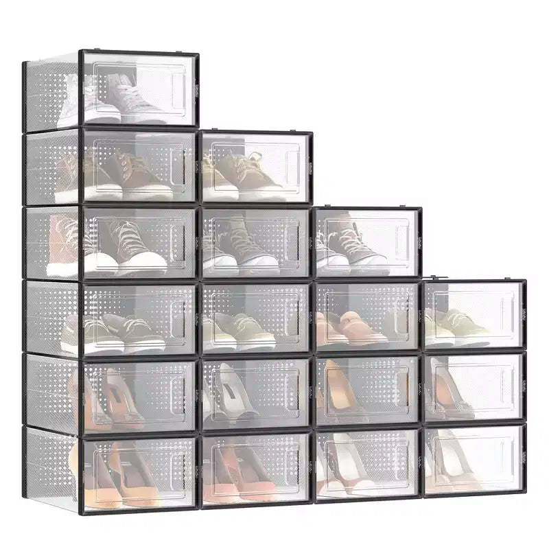 SONGMICS Shoe Boxes - Set of 18 Stackable and Foldable Organizers - Transparent and Black - Fit up to US Size 11