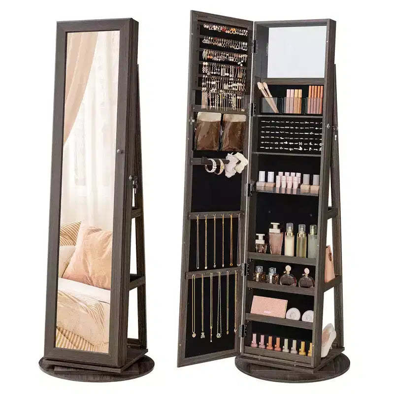 Mirror Jewelry Cabinet Organizer 360 Rotating Jewelry Armoire Storage Box