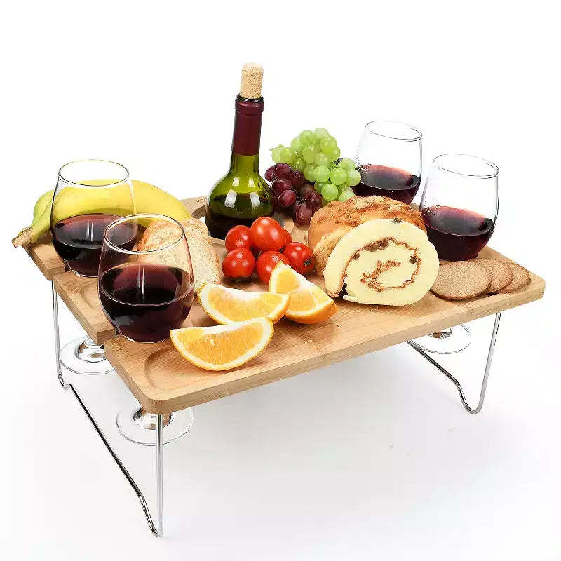 Tirrinia Natural Bamboo Wine Picnic Table, Folding Portable Outdoor Snack & Cheese Tray for Concerts at Park or Party, Beach, Summer Camping