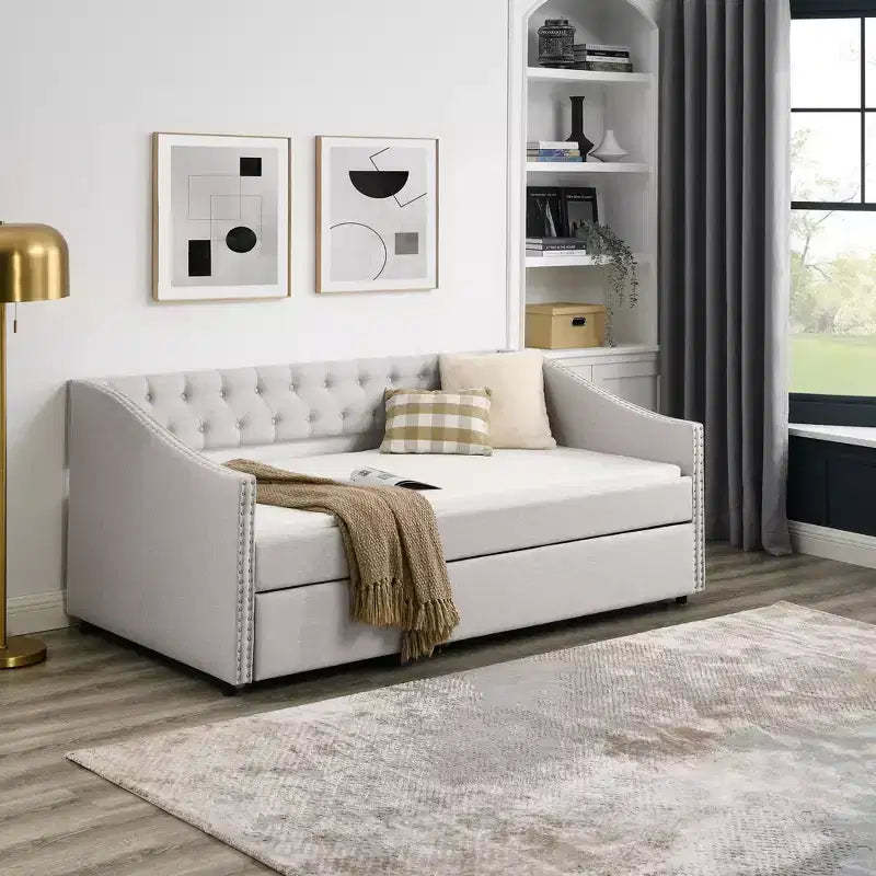 Twin/Full Size Daybed with Trundle, Upholstered Tufted Sofa Bed with Button and Waved Shape Arms - ModernLuxe
