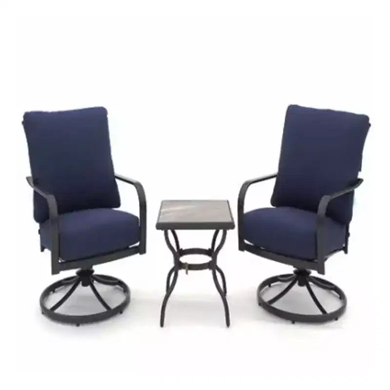 Four Seasons Courtyard Brookfield 3 Piece Deep Seating Patio Chat Set, Includes 2 Swivel Rockers with Olefin Cushions and Tile Table, Navy