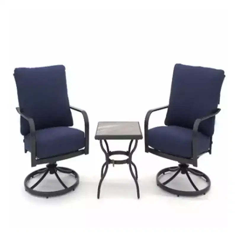 Four Seasons Courtyard Brookfield 3 Piece Deep Seating Patio Chat Set, Includes 2 Swivel Rockers with Olefin Cushions and Tile Table, Navy