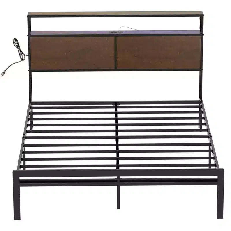 HAUSOURCE Queen Bed Frame with Storage Headboard Metal Platform Bed with Rubberized Stopper, Noise Free Design and Large Storage Space for Bedroom
