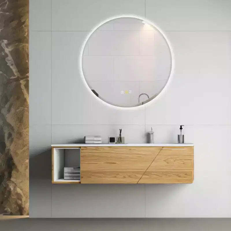 Stufurhome Round Beveled Edge 3 Colors Dimmable LED Anti-Fog Memory Wall Mount Bathroom Vanity Mirror
