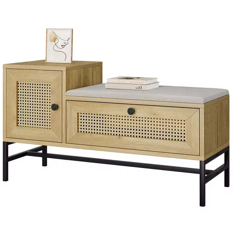 Garvee Rattan Shoe Bench with Storage, Entryway Bench with Flip Drawer Shoe Cabinet, Show Storage Bench for Hallway and Bedroom, Natural Oak