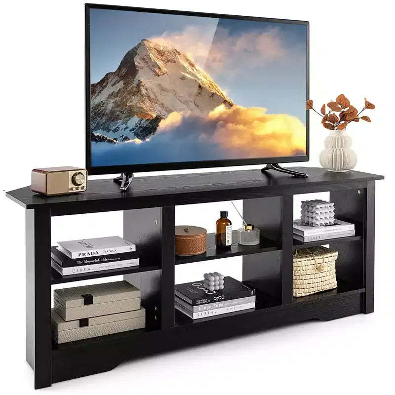 Costway 58 TV Stand with 6 Open Storage Shelves Shelf for 18 inch Fireplace(not included) Black/Grey