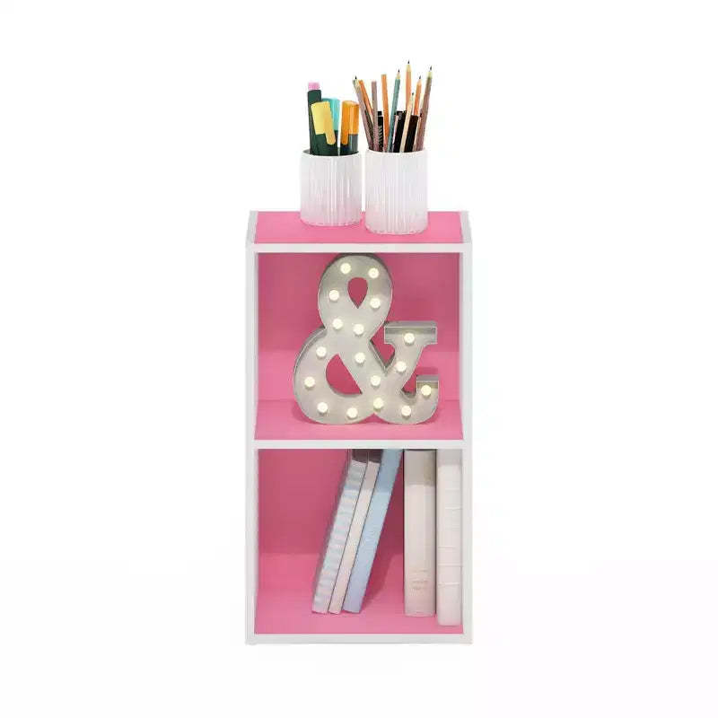 Furinno 2 Tier Open Decorative Bookshelf Night Stand End Table Sofa Side Storage Display Bookcase,Pink/White