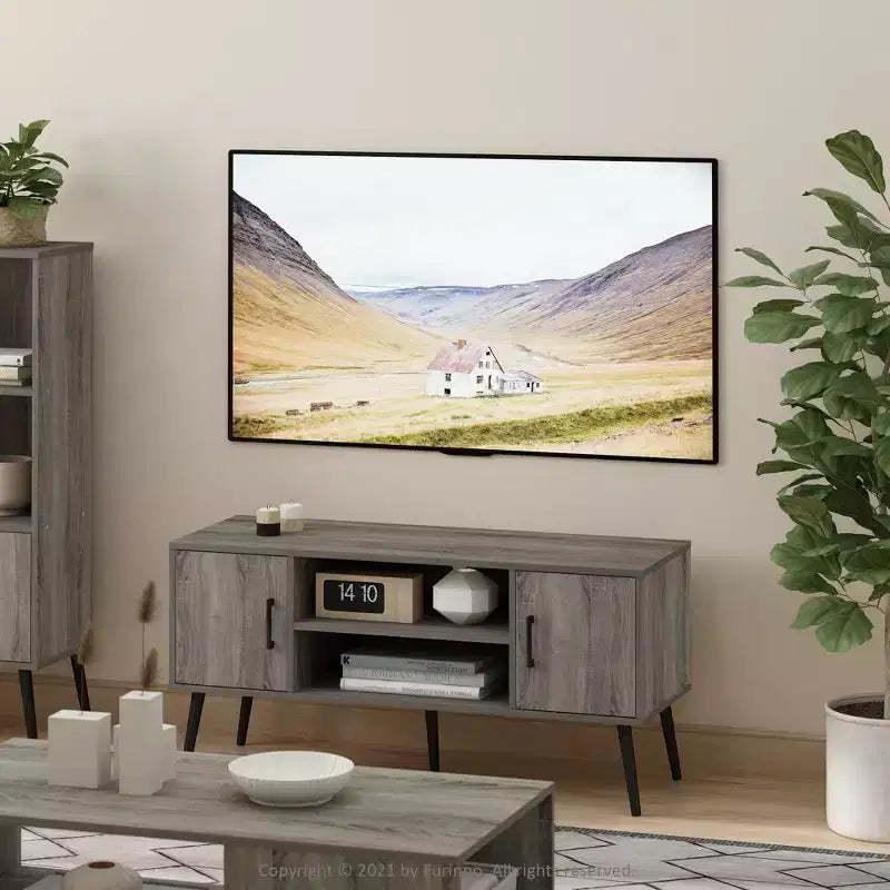 Furinno Mid-Century TV Stand Entertainment Media Console w/2 Cabinets&Open Storage Shelves for TVs up to 50,French Oak Grey