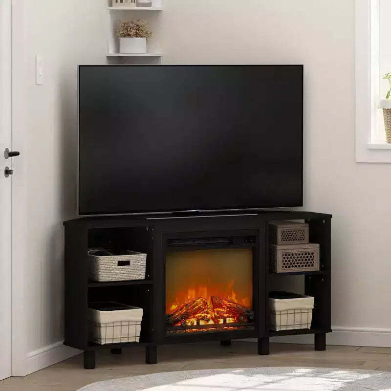 Furinno Corner Fireplace TV Stand Entertainment Console W/4 Open Storage Compartments for TV up to 55,Americano
