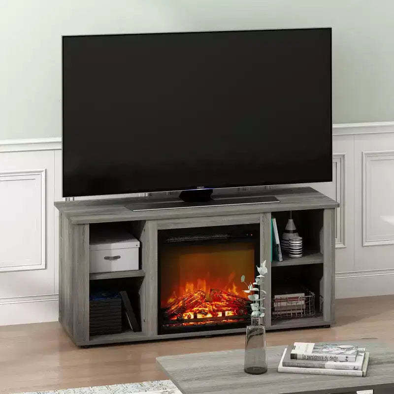 Furinno Fireplace TV Stand Entertainment Center TV Console Cabinet w/Open Storage Shelf for TV up to 55,French Oak Grey