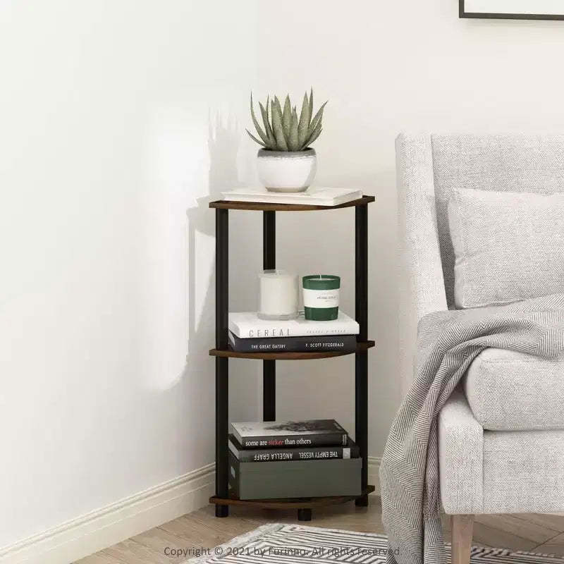 Furinno 3-Tier Corner Display Rack Open Multipurpose Bookcase Cabinet with Adjustable Shelves,Amber Pine/Black