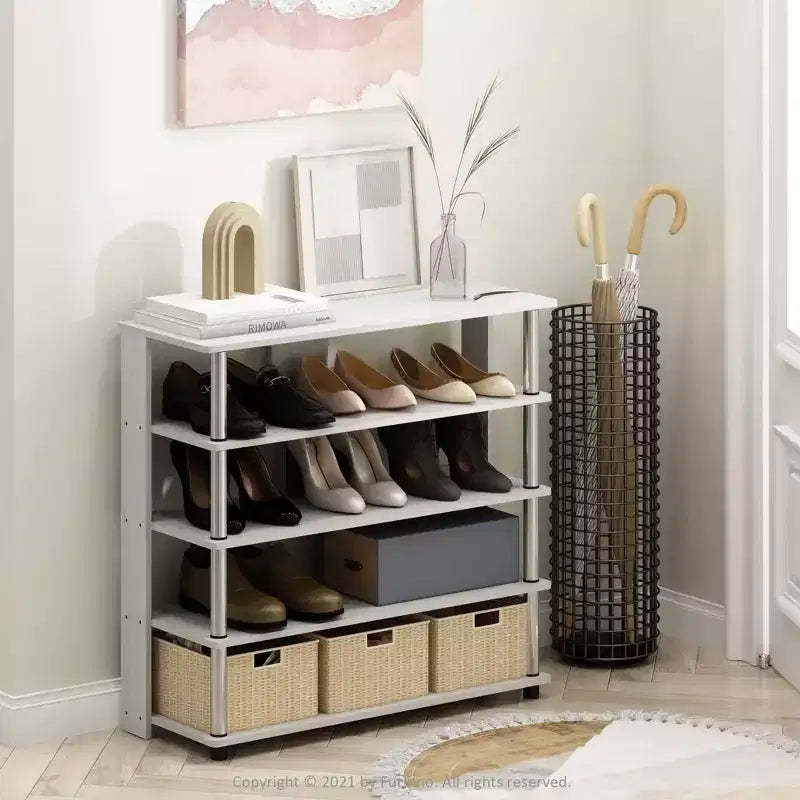 Furinno Entryway Freestanding Shoe Rack 5-Tier Large Shoe Storage Organizer W/Stainless Steel Tubes for 16-20 Pairs,White Oak