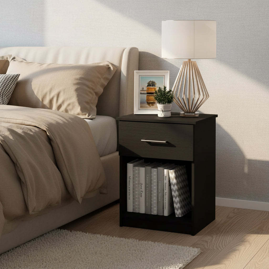 Furinno Mid-Century Nightstand Bedside End Table W/Drawer & Open Storage Cube,Americano