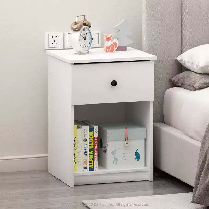Furinno 2PCS Mid-Century Nightstand Multipurpose End Table Accent Side Table W/Drawer & Open Storage Cube for Bedroom,Living Room,White