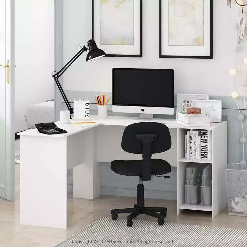 Furinno L-Shaped Computer Desk Study Gaming Table Corner Workstation with Open Bookshelves,White