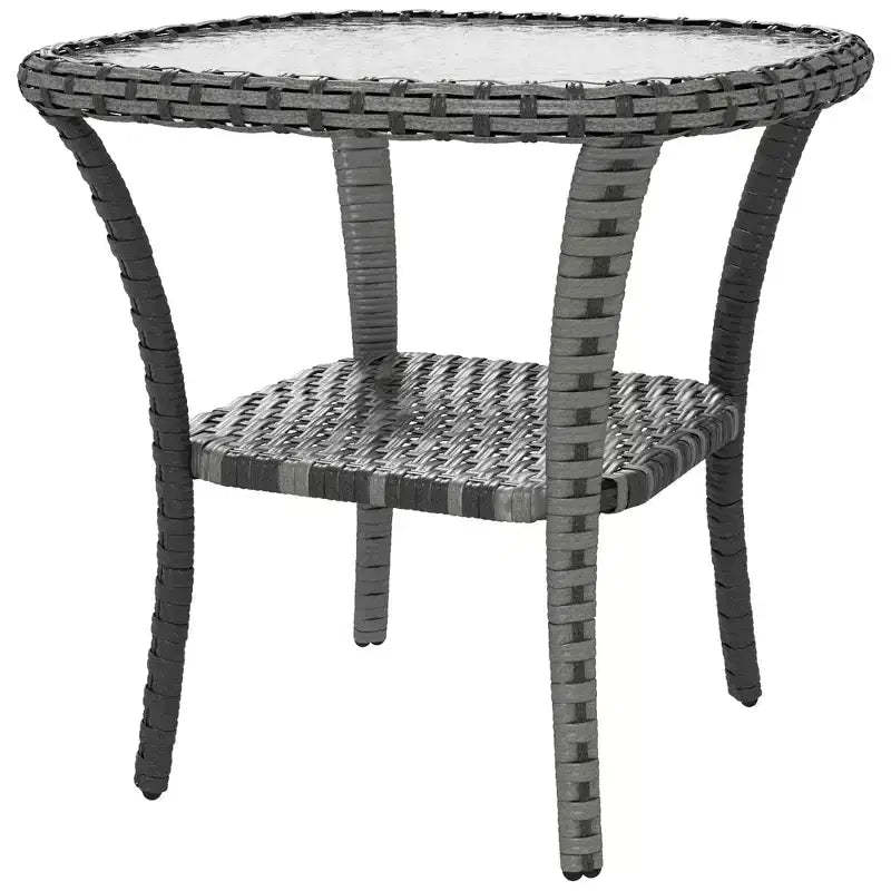 Outdoor Coffee Table with Storage Shelf, Hand-Woven Wicker Side Table with Water-Ripple Glass Top