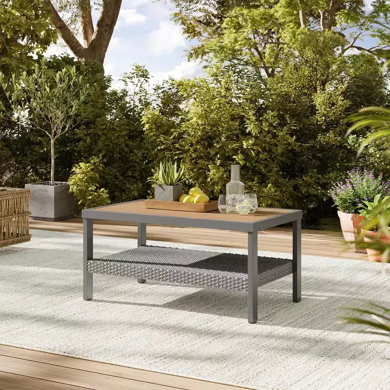 Sencillo Collection - Coffee Table, Chat Table, Patio Table, Rectangular, with Storage, Gray and Beige