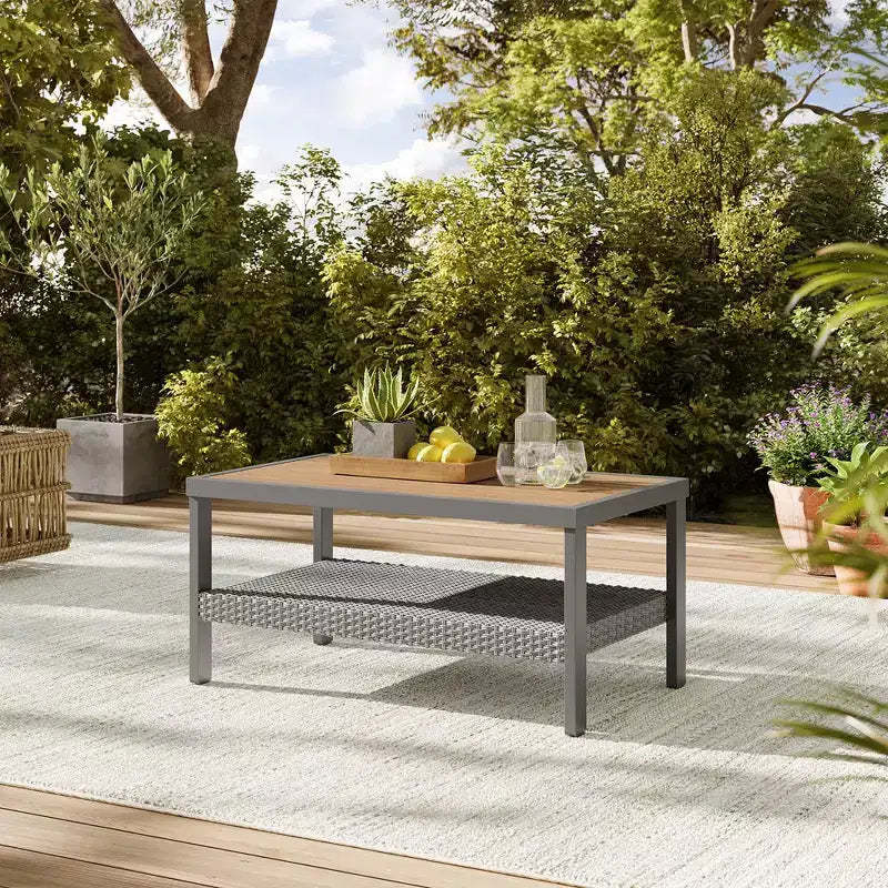 Sencillo Collection - Coffee Table, Chat Table, Patio Table, Rectangular, with Storage, Gray and Beige