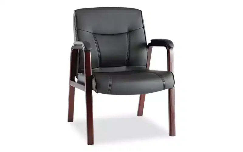 Alera Alera Madaris Series Bonded Leather Guest Chair with Wood Trim Legs, 25.39 x 25.98 x 35.62, Black Seat/Back, Mahogany Base